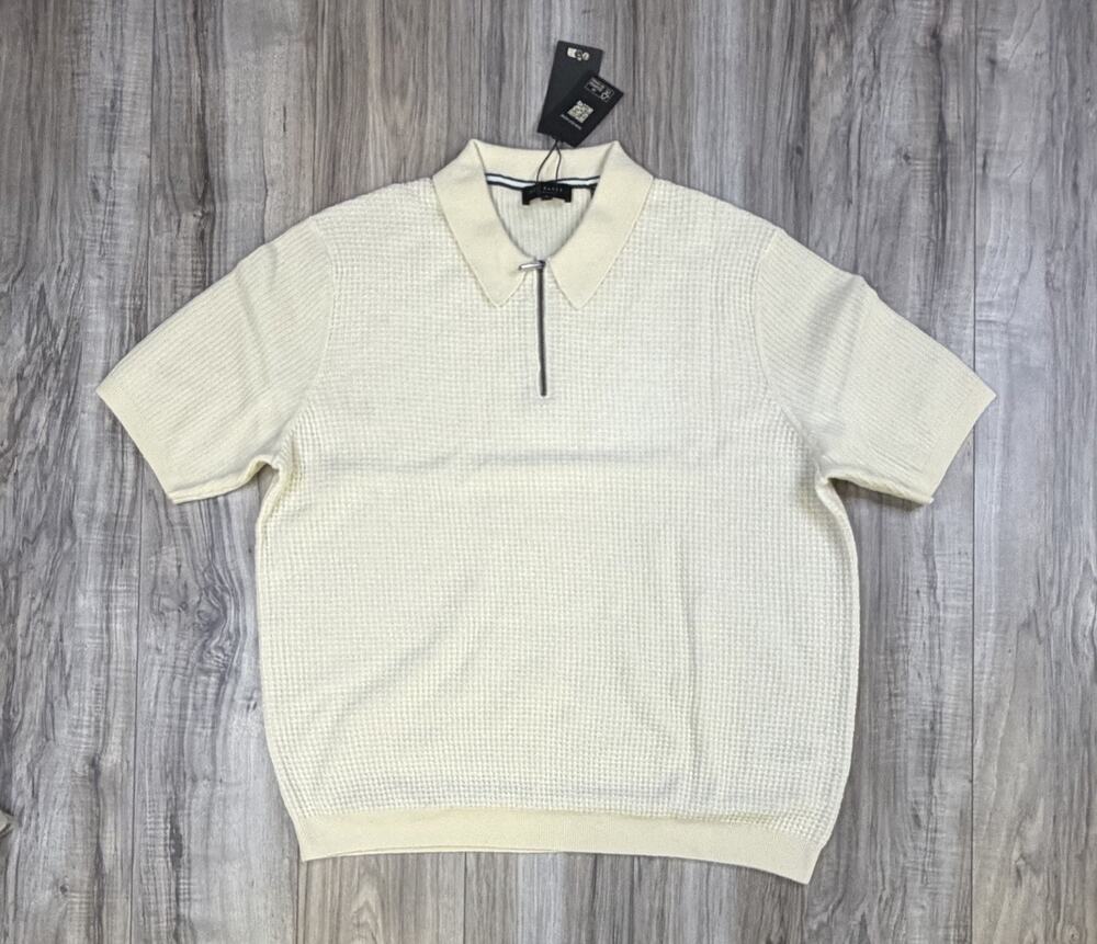 Ted Baker Jaylon Waffle Stitch Polo Shirt Mens Large 4 Ecru Cream Zip Neck NEW